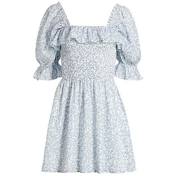 WAYF Dress Women 1X Plus Blue Floral Tonya Smocked Cottagecore 100% Cotton NWOT - Picture 4 of 10